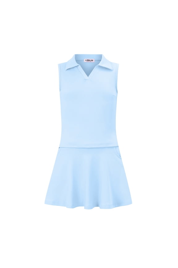 Girls Tennis Golf Outfit Sleeveless Polo V Neck Tank Top and Skorts Sets Sport Skirt with Pockets