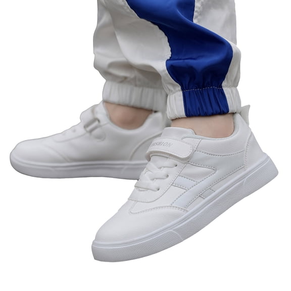 Girls Tennis Shoes Fashion Color Block Lightweight Flat Sneakers with Hook and Loop Casual Lace up Walking Shoes White 3.5 Big Kid