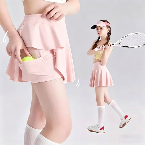 Girls Tennis Skirts, Casual Cute Kids Girls Athletic Skorts with Pocket Liner, 2 in 1 High Waist Workout Sports Quick Dry Running Shorts(Pink,13-14 Years)