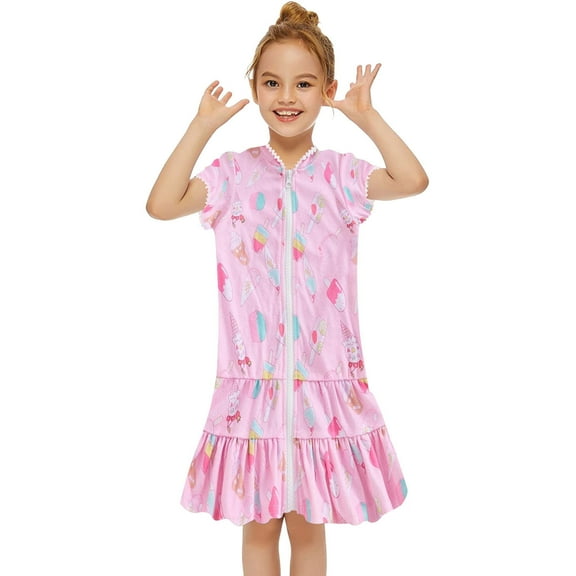 Girls Terry Cloth Swim Cover Up Kids Hooded Swimsuit Coverup Zip-Up Striped Color Contrast Beach Bathing Robe Dress Girls Rash Guard Swimsuit One Piece