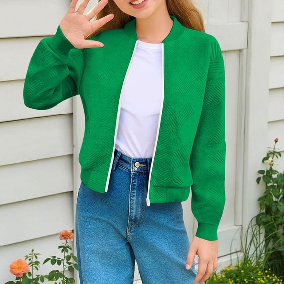 Girls Textured Bomber Jacket Sweatshirt with Pocket, Big Kids Zip Up Long Sleeve No Hood Casual Cycling Jacket Outerwear for Fall Winter Green