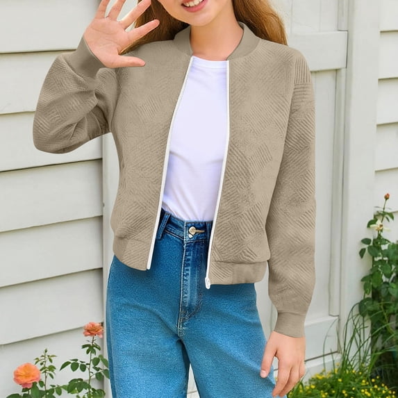 Girls Textured Bomber Jacket Sweatshirt with Pocket, Big Kids Zip Up Long Sleeve No Hood Casual Cycling Jacket Outerwear for Fall Winter Khaki