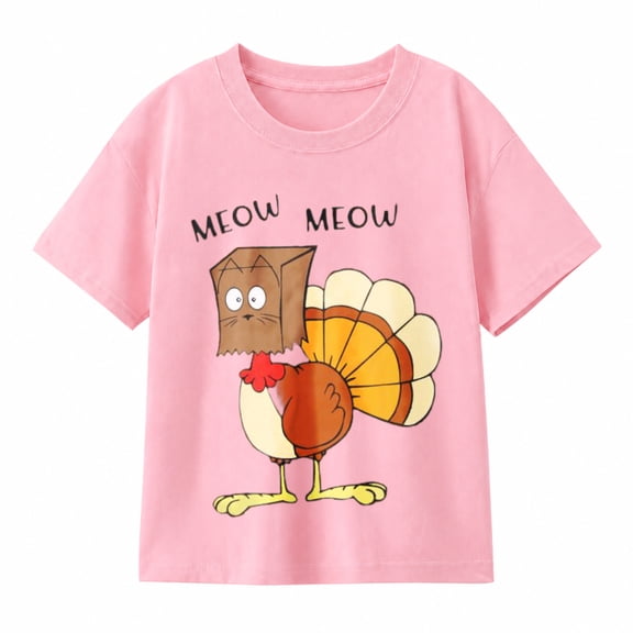 Girls' Thanksgiving Cat Turkey Graphic T-Shirt, Meow Meow 100% Cotton Short Sleeve Shirt