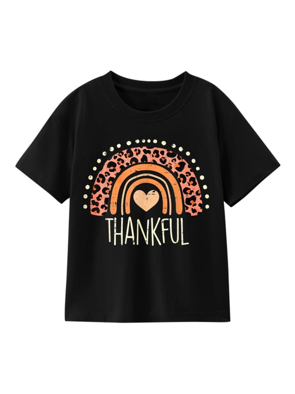 Girls' Thanksgiving Thankful Rainbow Graphic T-Shirt, Leopard Print 100% Cotton Short Sleeve Shirt