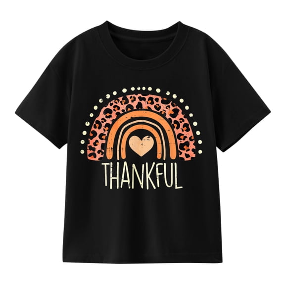 Girls' Thanksgiving Thankful Rainbow Graphic T-Shirt, Leopard Print 100% Cotton Short Sleeve Shirt