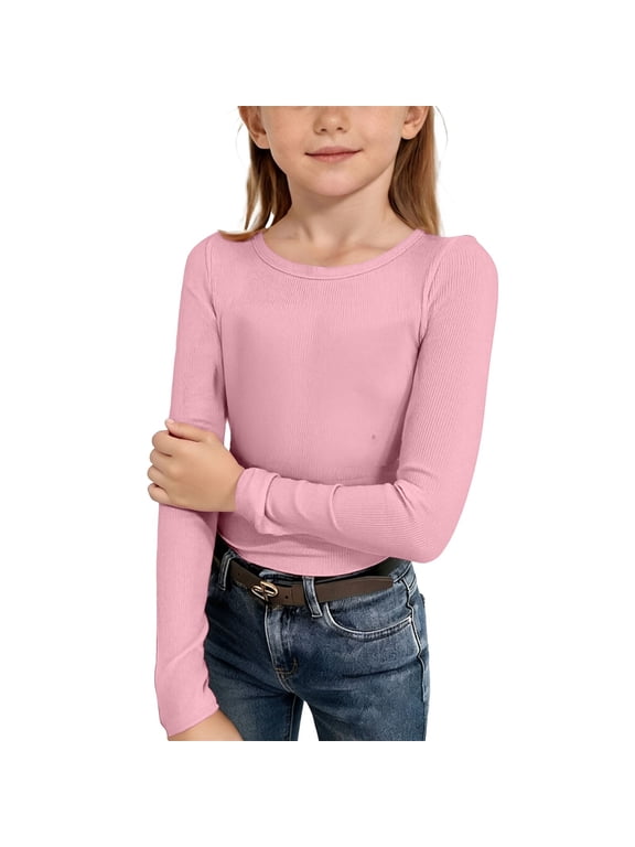Girls Thermal Shirt, Comdrip Girls Long Sleeve Shirts Crew Neck Pullover Slim Fit Tops Casual Tee Shirt 5-14 Years Girls Ribbed Long Sleeve Shirt Pink 120