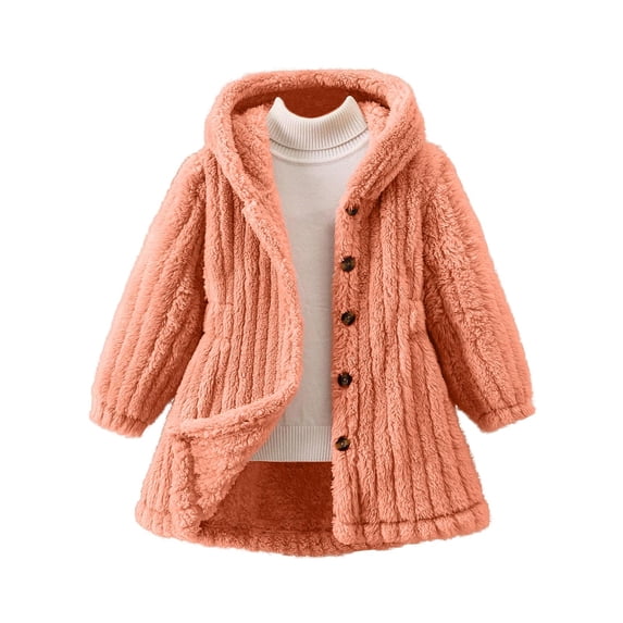 Girls Thick Hooded Jackets Long Sleeeve Button Front Fleece Fuzzy Coats Comfy Warm Pockets Outwear
