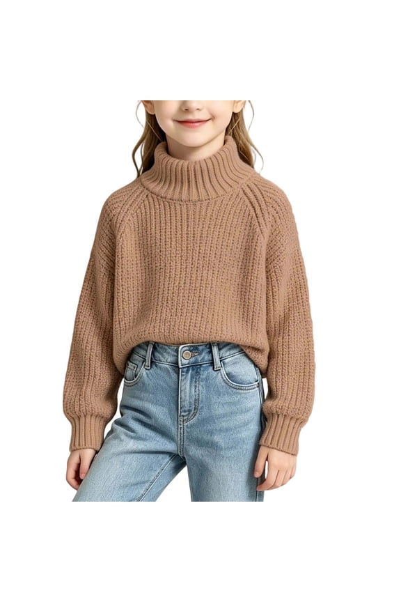 Girls Thick Waffle Knit Turtleneck Sweater, Raglan Long Sleeve Loose Pullover Jumper, Soft Warm Solid Knit Top Khaki 0-1Years