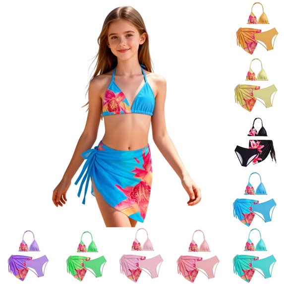 Girls Three Piece Swimsuit Floral Backless Halter Neck Quick Dry Beach Swimwear Girls Bathing Suit Size 7-12 Years