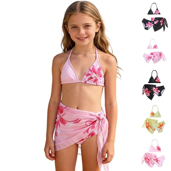 Girls Three Piece Swimsuit Floral Print Backless Halter Neck Beach Swimwear Girl Bathing Suit Size 7-16 Years