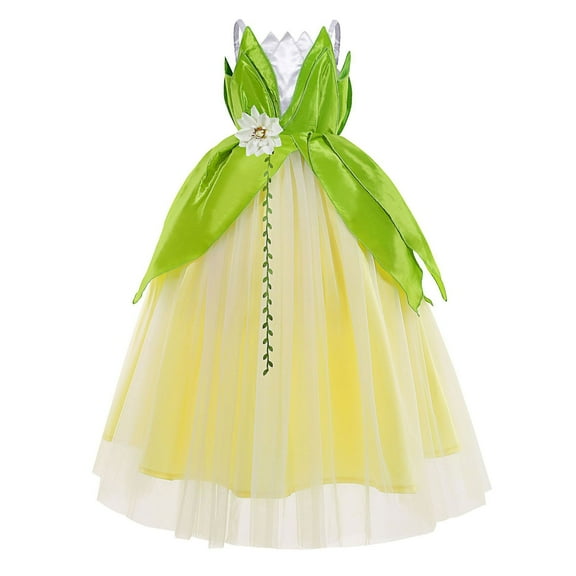 Girls Tiana Princess Dress Sleeveless Fancy Halloween Outfit for 3-10Y