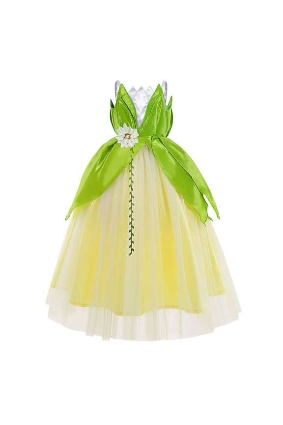 Girls Tiana Princess Dress Sleeveless Fancy Halloween Outfit for 3-10Y