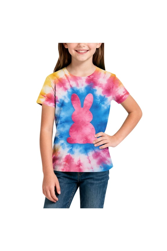 Girls Tie Dye Bunny T-Shirt Short Sleeve Crewneck Soft Polyester Spandex Light Blue Multicolor Easter Spring Top,Size 7-8 T