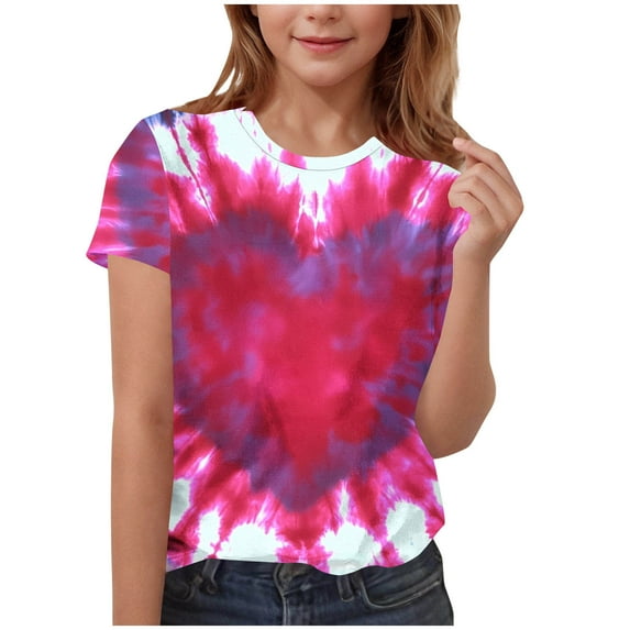 Girls Tie Dye Heart Print T-Shirt, Soft Stretch Short Sleeve Top, Multicolor All Over Print Crew Neck Tee for Kids 3-15 Years,Size 5-6T
