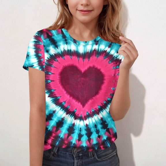 Girls Tie Dye Heart Short Sleeve Top - Cute Casual Shirt for Kids Youth 8-14, Soft Stretch Polyester Spandex, Multicolor,Size 3-4 T