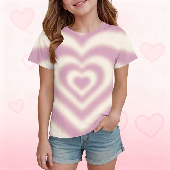 Girls Tie Dye Heart T-Shirt Soft Stretch Pastel Beige Graphic Tee Casual Short Sleeve Top for Kids,Size 13-14 T