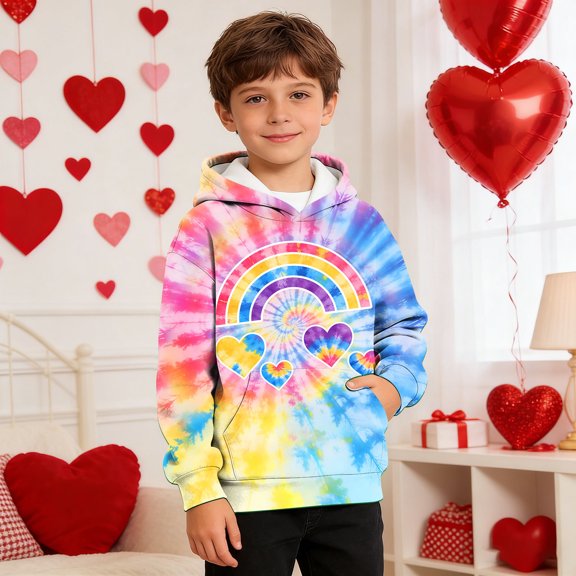 Girls Tie Dye Hoodie Valentine's Heart Rainbow Graphic Long Sleeve Soft Stretch Pullover Kids Casual Sweatshirt,Size 3 T