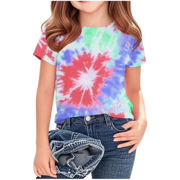 Girls Tie Dye Shirts Crewneck Short Sleeve Shirt Kids Summer Fashion Casual Tees Tops for 3-14 Years