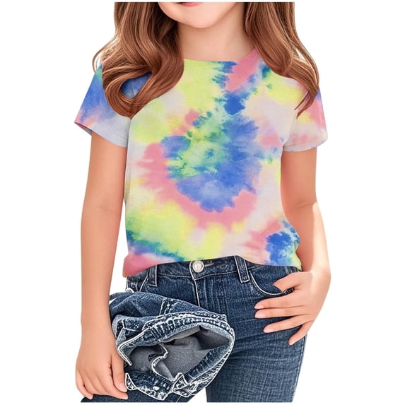 Girls Tie-Dye Short Sleeve T-Shirt Blue/Red Soft Stretchy 95% Polyester 5% Spandex Sizes 3-14 Years,Size 13-14 T