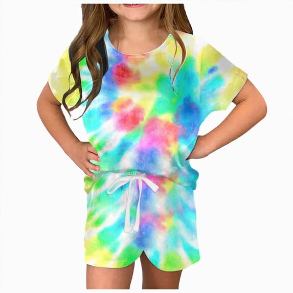 Girls Tie-Dye Summer Outfits 2-Piece Short Set, T-Shirt and Shorts Size 3T-14T Kaprioy Girls Summer Shorts Set Graphic Lounge Sets with Pockets Toddler Kids 2 Piece Clothing Set