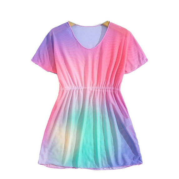 Girls Tie Dye Swimdresses Short Sleeve Tunic Swimsuits One Piece Swimwear Beach Vacation Covers-Ups, Multicolor, 11 Years