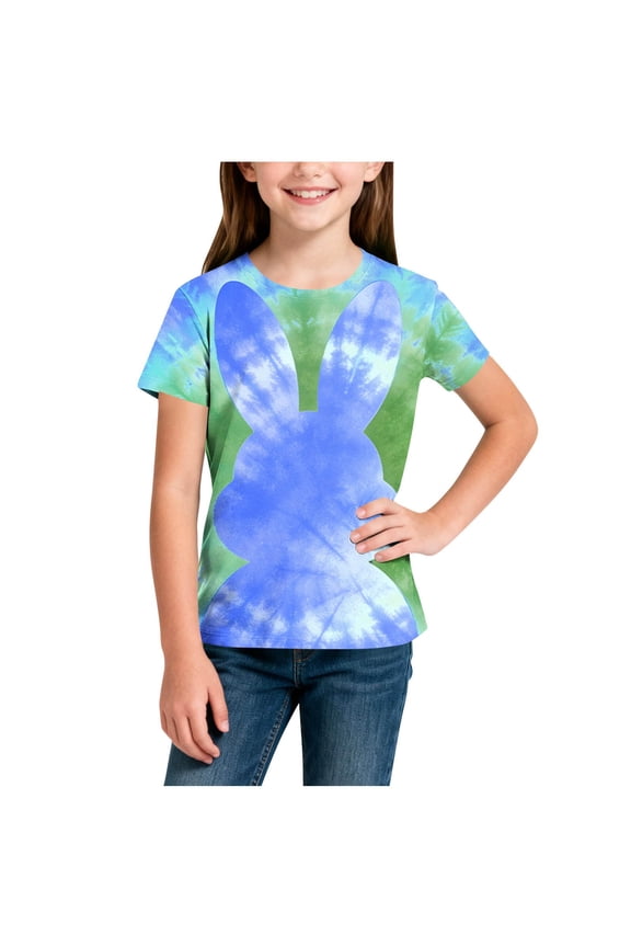 Girls Tie Dye T-Shirt Bunny Green Easter Short Sleeve Kids/Kids Casual Summer Top 3-14 Years,Size 9-10 T