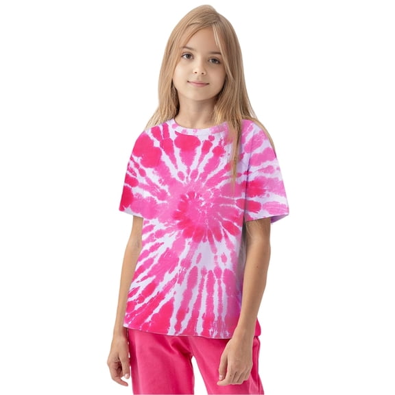 Girls Tie-Dye T-Shirt Pink Round-Neck Top Short-Sleeved Base Layer T-Shirt Pink 10 Y-11 Y