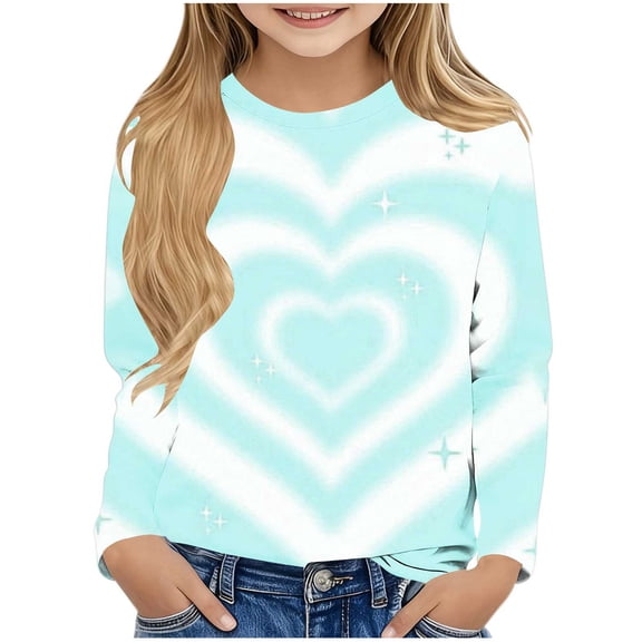 Girls Tie Dye T Shirts Long Sleeve Heart Printed Loose Crewneck Casual Tunic Tops Trendy Kids Teens Pullover Cute Blouse