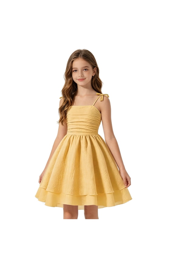Girls Tie Strap Solid Color A-Line Sundress Ruched Bust Double Layer Ruffle Hem Sweet Summer Dress Big Kids Daily Casual Flowy Princess Dress(Yellow,11-12 Years)