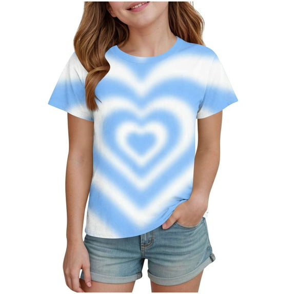 Girls Tie-dye Heart Print Tee Tops Crew Neck Short Sleeve Shirts Kids Lightweight Fashion Dressy Tops Valentine's Day Party Outfits 3-14 Years