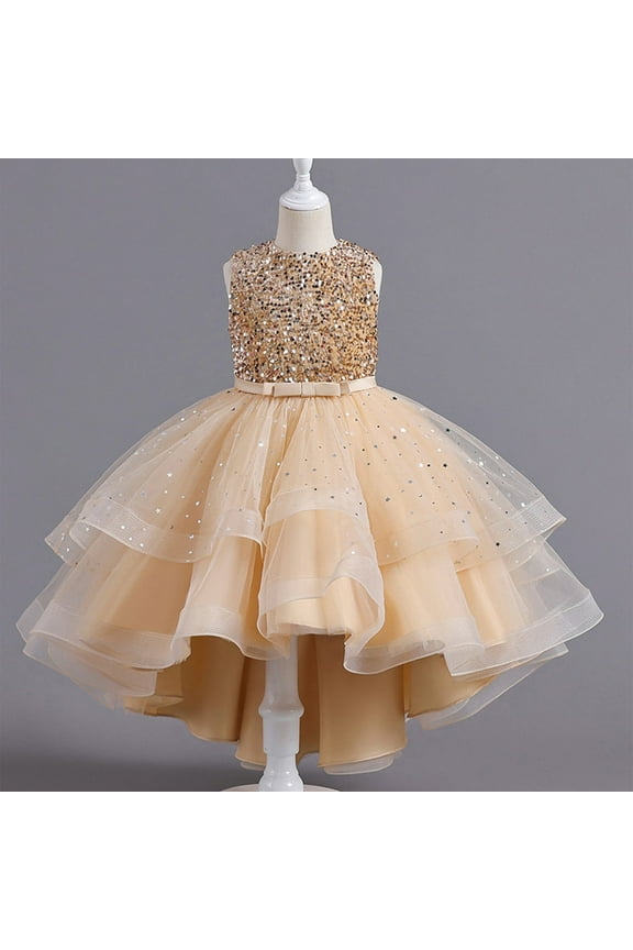 Girls Tiered Glitter Tulle Prom Skirts Princess Ball Gown Long formal Evening Fairy Cake Shirt Tutu Party Skirts (Gold 110)