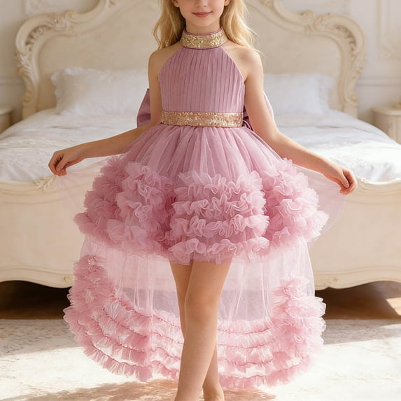 Girls Tiered Gown with Train for Pageant Recital Performance And