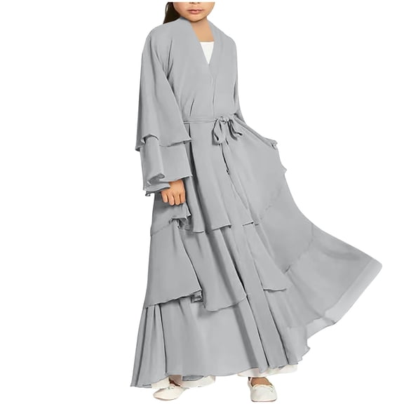 Girls Tiered Maxi Dress Long Sleeve, Party & Church Dress for Girls with Bell Sleeves Pockets & Belt, Gray, Sizes 5-6 to 13-14 Years,Size 9-10 T