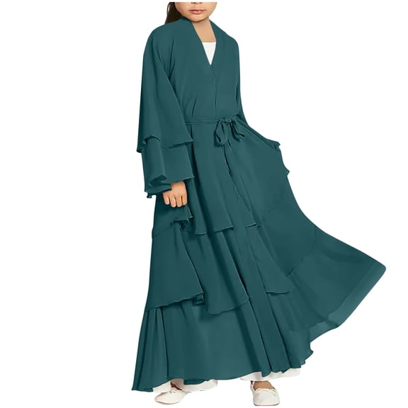 Girls Tiered Maxi Dress Long Sleeve, Party & Church Dress for Girls with Bell Sleeves Pockets & Belt, Green, Sizes 5-6 to 13-14 Years,Size 13-14 T