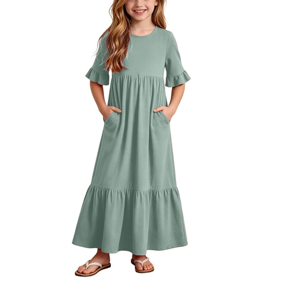 Girls Tiered Maxi Dresses Half Sleeve Ruffle Hem Long Dress Summer Casual Vacation Outfits Army Green, Size 13 Y