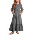 thumbnail image 1 of Girls Tiered Maxi Dresses Half Sleeve Ruffle Hem Long Dress Summer Casual Vacation Outfits Gray, Size 5 Y, 1 of 7
