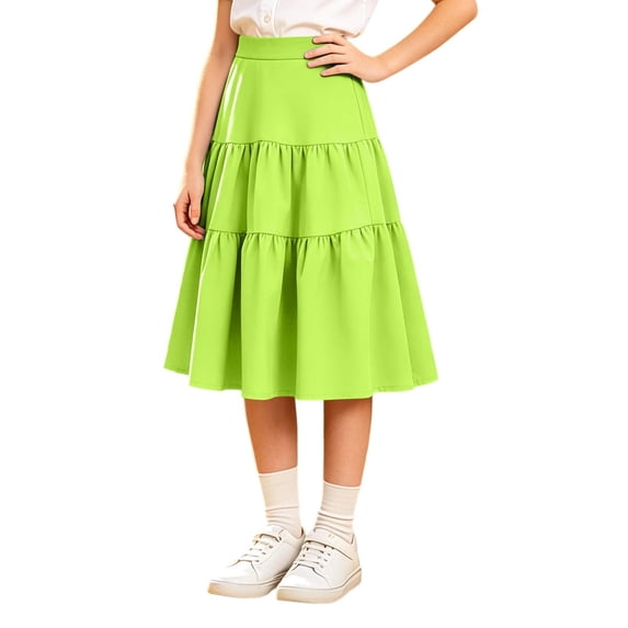 Girls Tiered Ruffle Midi Skirt,Elastic Waist Solid Flowy A-Line Skirt,Kids Casual Uniform Skirts for Girls Back to School Party