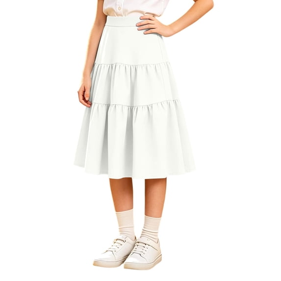 Girls Tiered Ruffle Midi Skirt,Elastic Waist Solid Flowy A-Line Skirt,Kids Casual Uniform Skirts for Girls Back to School Party