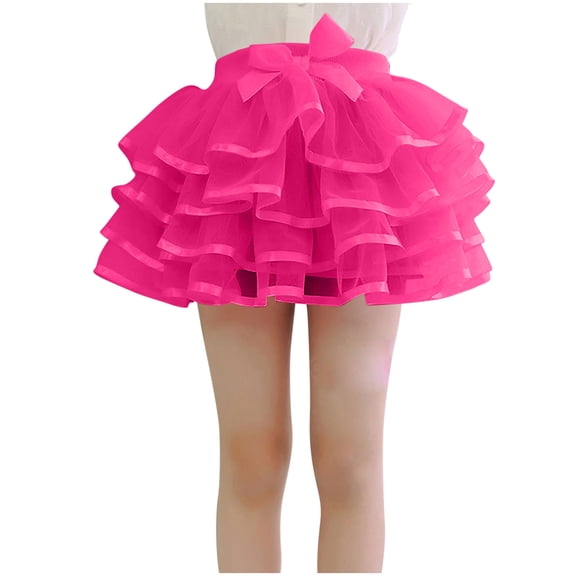 Girls Tiered Tulle Skirts Princess Bow Ruffle Layered Mesh Tutu Party Dance Skirt Toddler Cute Clothing Hot Pink, 6-7Y