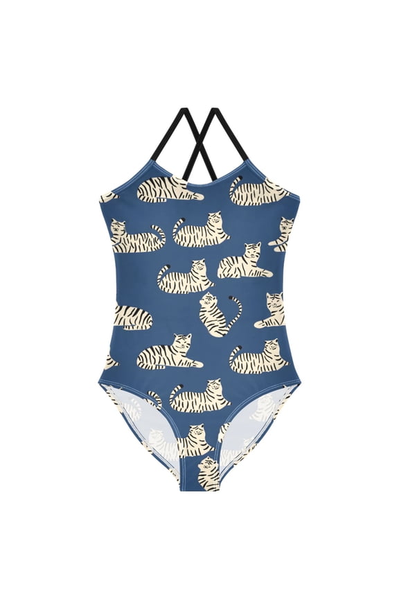 Girls Tiger on Blue Print One Piece Swimsuit, Cross Back Spaghetti Strap Bathing Suit for Kids Summer Beach Pool Swimwear 9-10T