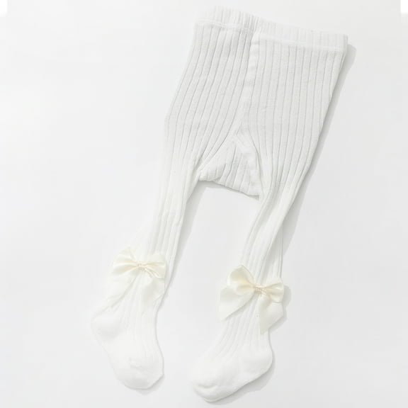 Girls' Tights With Bow Design Soft Stretchy Leggings (White 1-2 Years)
