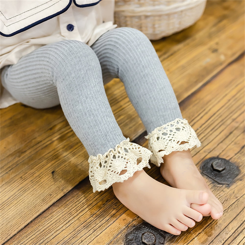 Girls Toddler Baby Lace Ribbed Knit Stretch Leggings Footless Tights Kids  Bottom Long Pants Lace Trim Flower Appliqued Light gray 1-2 Years