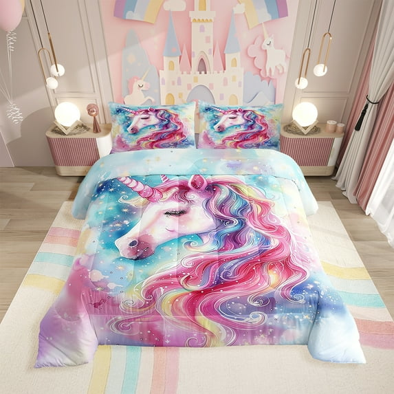 Bedding Pink Purple Unicorn Comforter Set Princess Prince Themed Bedding Comforter Sets Cute Cartoon Rainbow Unicorn Print Duvet Insert Blue Gradient Quilt