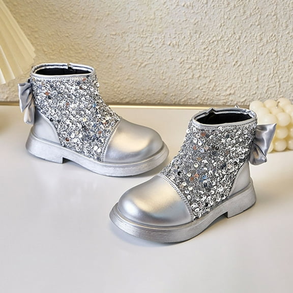 Girls Toddler Bow Ankle Boots Glitter Sequin Side Zipper Low Heel Fall Winter Dress Booties Shoes