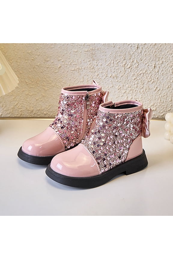 Girls Toddler Bow Ankle Boots Glitter Sequin Side Zipper Low Heel Fall Winter Dress Booties Shoes