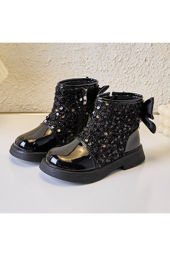 Girls Toddler Bow Ankle Boots Glitter Sequin Side Zipper Low Heel Fall Winter Dress Booties Shoes