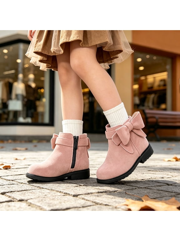 Girls Toddler Bow knot Ankle Boots Low Chunky Heel Side Zipper Cute Dress Booties Little Big Kid for Fall and Winter