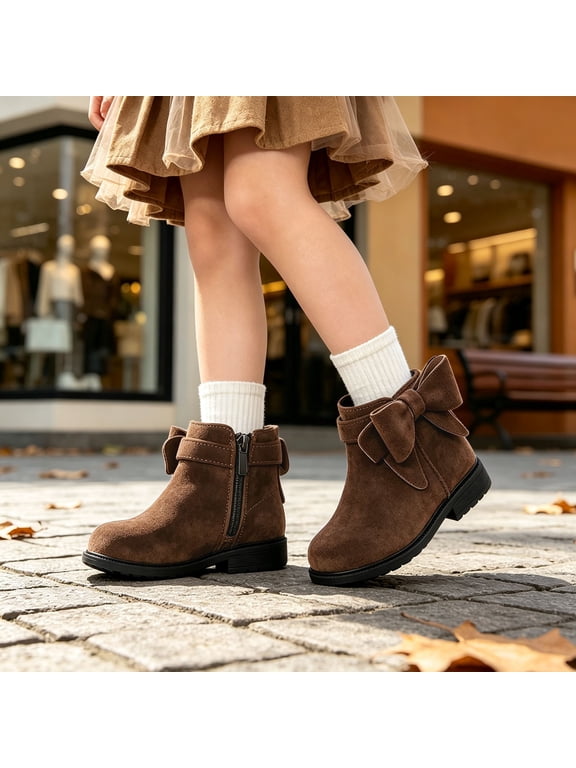 Girls Toddler Bow knot Ankle Boots Low Chunky Heel Side Zipper Cute Dress Booties Little Big Kid for Fall and Winter