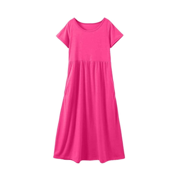 Girls Toddler Dress Pure Color Round Neck Short Sleeve Comfortable Pocket Long Dresses For Kid Infant size 11-12T