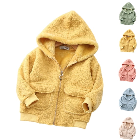Girls Toddler Jacket Dqueduo Toddler Boys Girls Fleece Hooded Full Zip Warm Coat Jacket With Pockets Yellow 7-8Years
